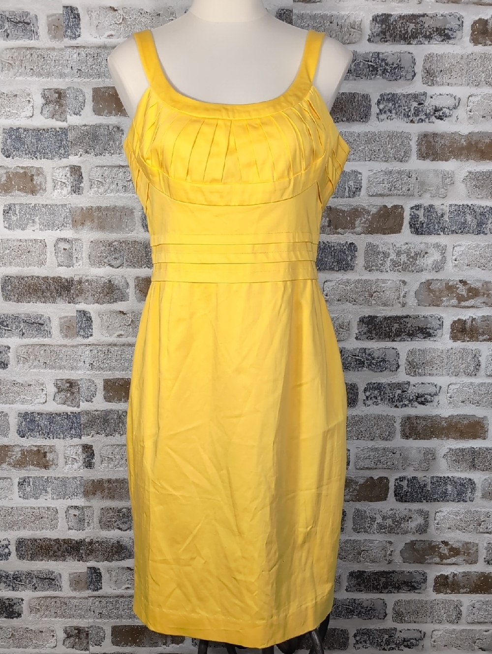 Calvin Klein Bright Yellow Pleated Bodice Midi Dress, Sz. 10.